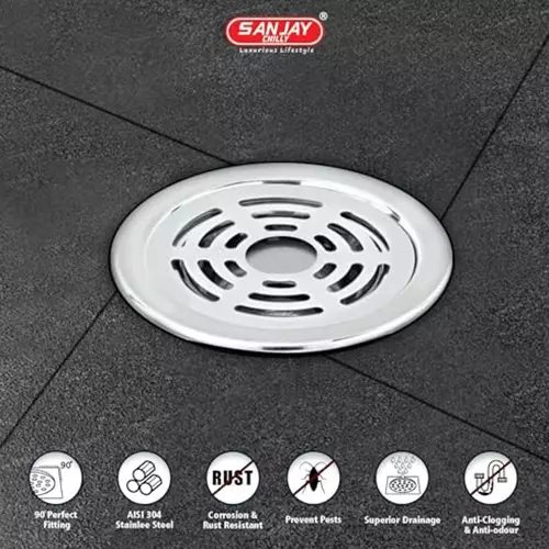 Sanjay Chilly Tof Round Ringo Gypsy Floor Drainer with Pipe Hole Silver 101 mm, TOF-RRG-101