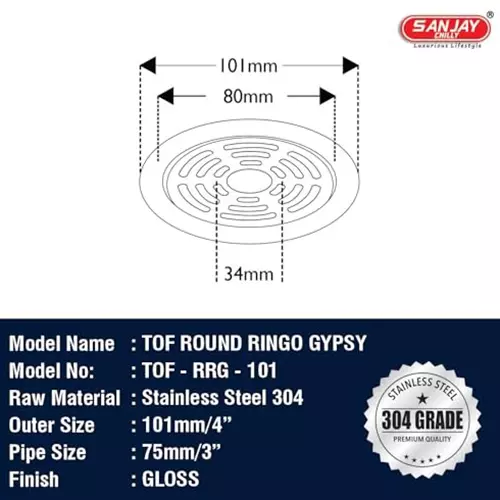 Sanjay Chilly Tof Round Ringo Gypsy Floor Drainer with Pipe Hole Silver 101 mm, TOF-RRG-101