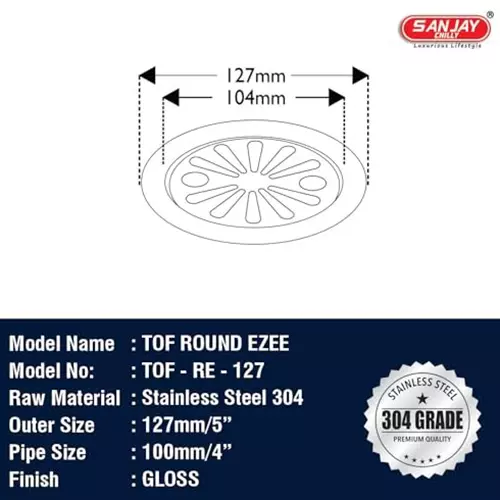 Sanjay Chilly Tof Round Ezee Floor Drainer Silver 127 mm, TOF-RE-127