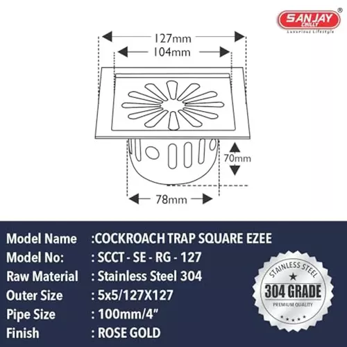 Sanjay Chilly Square Ezee Floor Drainer With Cockroach Trap Rose Gold 127 x 127 mm, SCCT-SE-RG-127