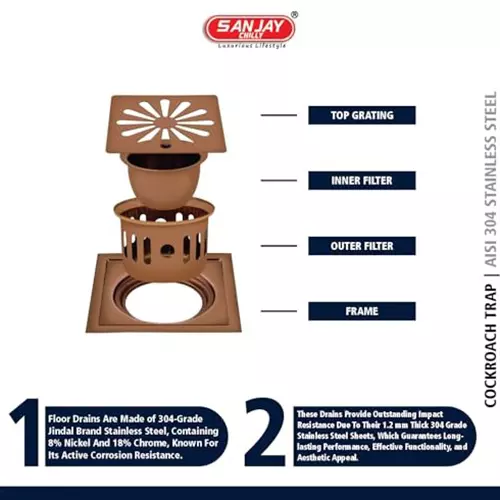 Sanjay Chilly Square Ezee Floor Drainer With Cockroach Trap Rose Gold 127 x 127 mm, SCCT-SE-RG-127