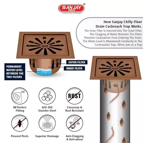 Sanjay Chilly Square Ezee Floor Drainer With Cockroach Trap Rose Gold 127 x 127 mm, SCCT-SE-RG-127