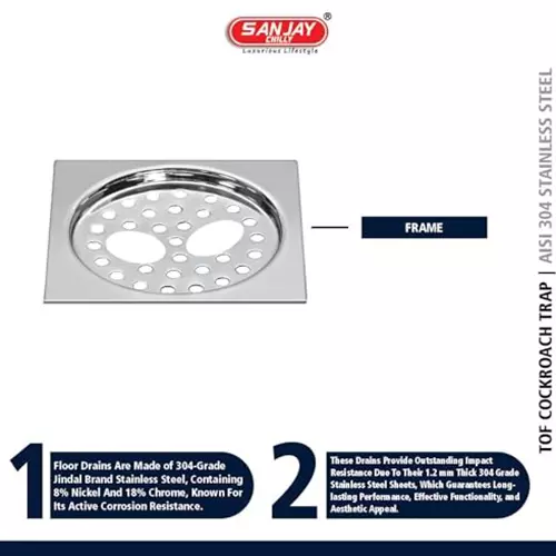 Sanjay Chilly Sani Square Double Gypsy Floor Drainer with 2 Hole Silver, 153 x 153 mm