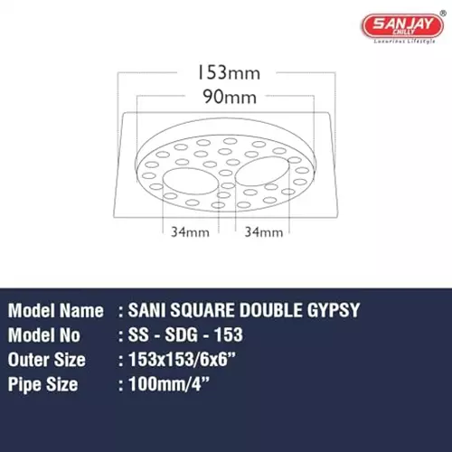 Sanjay Chilly Sani Square Double Gypsy Floor Drainer with 2 Hole Silver, 153 x 153 mm