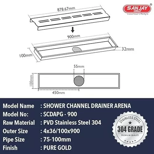 Sanjay Chilly Shower Drain Channel Gold 101.6 x 914.4 mm (‎4 x 36 inch), CH-SCDAPG-900