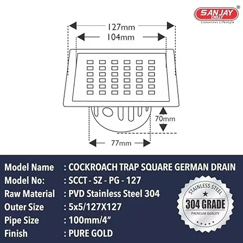 Sanjay Chilly Square Floor Drain Cover With Cockroach Trap Pure Gold 127 x 127 mm (‎5 x 5 inch), SCCT Square zoom-PG