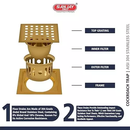 Sanjay Chilly Square Floor Drain Cover With Cockroach Trap Pure Gold 127 x 127 mm (‎5 x 5 inch), SCCT Square zoom-PG