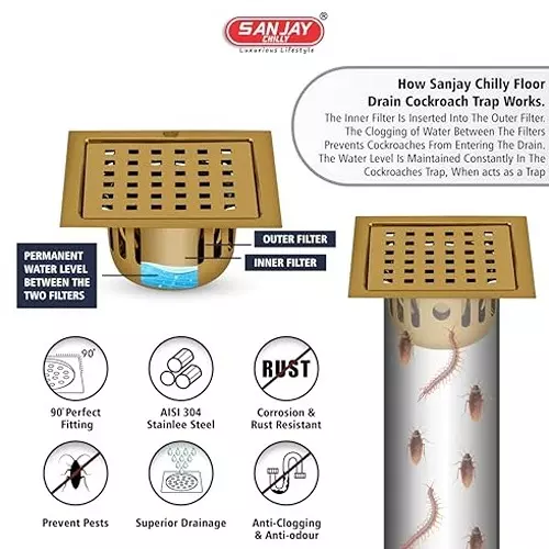 Sanjay Chilly Square Floor Drain Cover With Cockroach Trap Pure Gold 127 x 127 mm (‎5 x 5 inch), SCCT Square zoom-PG