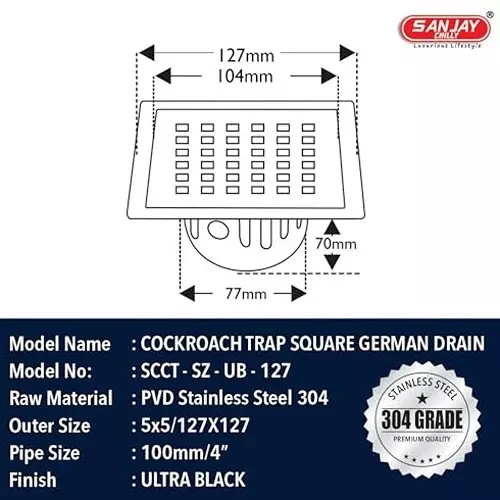Sanjay Chilly Square Floor Drain Cover With Cockroach Trap Ultra Black 127 x 127 mm (‎5 x 5 inch), SCCT Square zoom-UB