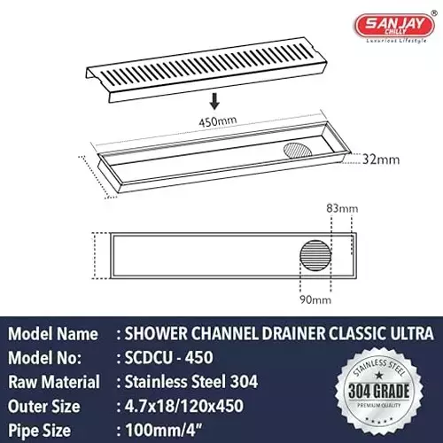 Sanjay Chilly Classic Ultra Shower Drain Channel 120x450 mm (‎4.7 x 18 inch), ‎SCDCU-450-SH