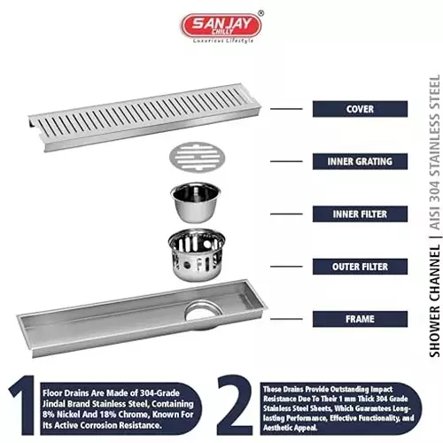 Sanjay Chilly Classic Ultra Shower Drain Channel 120x300 mm (‎4.7 x 12 inch), ‎SCDCU-300-SH