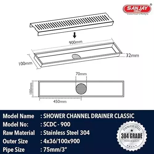 Sanjay Chilly Vertical Shower Drain Channel Silver 100x900 mm (‎4 x 36 inch), ‎SCDC-CH-900