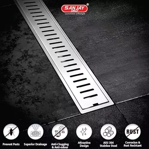 Sanjay Chilly Vertical Shower Drain Channel Silver 100x900 mm (‎4 x 36 inch), ‎SCDC-CH-900