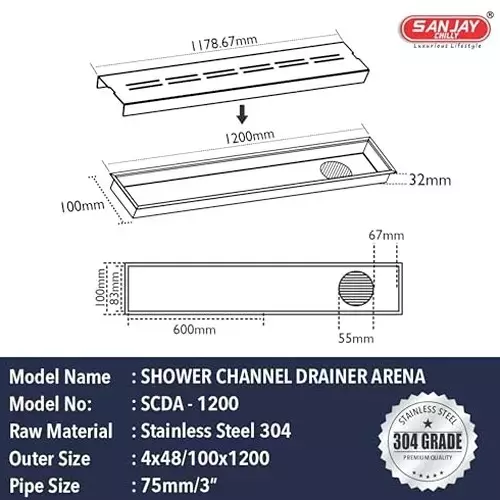 Sanjay Chilly Shower Drain Channel Silver 100x1200 mm (‎4 x 48 inch), ‎SCDA-1200