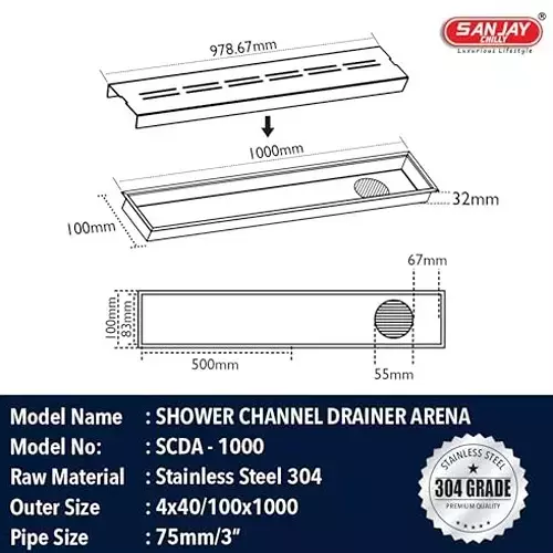 Sanjay Chilly Shower Drain Channel Silver 100x1000 mm (‎4 x 40 inch), ‎SCDA-1000