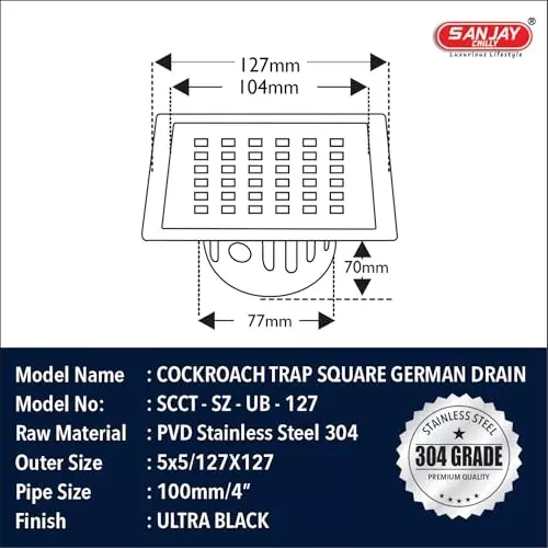 Sanjay Chilly Square Zoom German Floor Drainer with Cockroach Trap Ultra Black 127 x 127 mm, SCCT-SZ-UB-127