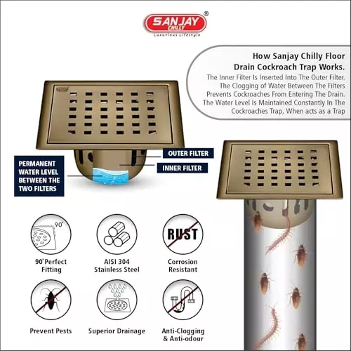 Sanjay Chilly Square Zoom Floor Drainer with Cockroach Trap Brushed Bronze 127 x 127 mm, SCCT-SZ-BB-127A