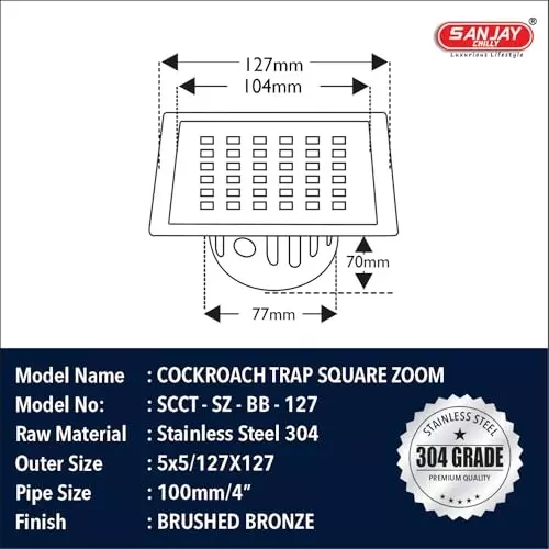Sanjay Chilly Square Zoom Floor Drainer with Cockroach Trap Brushed Bronze 127 x 127 mm, SCCT-SZ-BB-127A