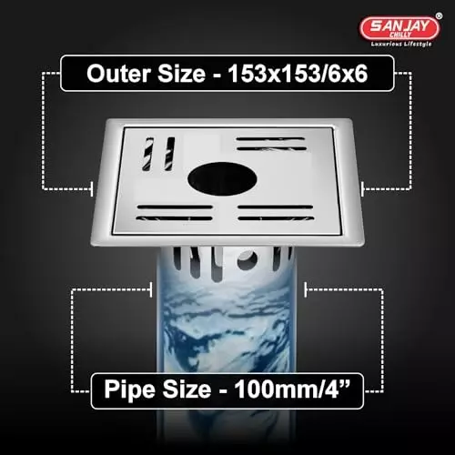 Sanjay Chilly Square Maze Gypsy Golden Floor Drainer with Cockroach Trap and Pipe Hole Silver 153 x 153 mm, ‎SCCT-SMG-GS-153