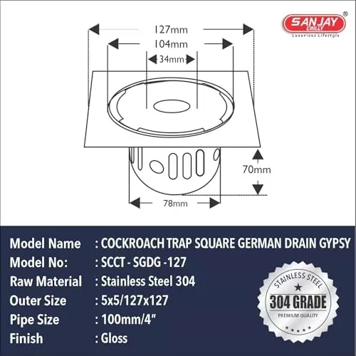 Sanjay Chilly Square German Gypsy Floor Drainer with Cockroach Trap and Pipe Hole Sliver 127 x 127 mm, ‎SCCT-SGDG-127
