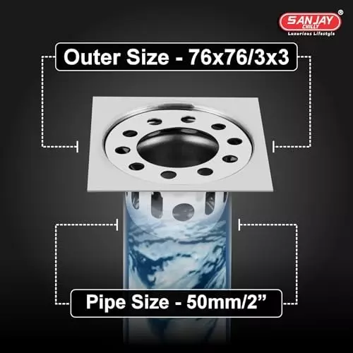 Sanjay Chilly Square Gypsy Floor Drainer with Cockroach Trap and Pipe Hole Silver 76 x 76 mm, ‎SCCT-SG-76