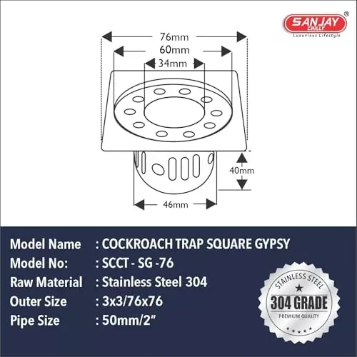 Sanjay Chilly Square Gypsy Floor Drainer with Cockroach Trap and Pipe Hole Silver 76 x 76 mm, ‎SCCT-SG-76