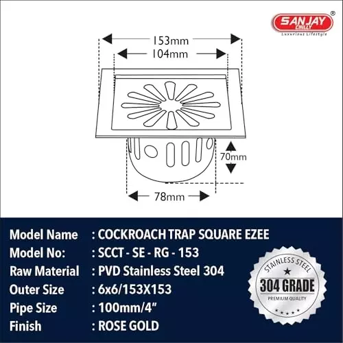 Sanjay Chilly Square Ezee Floor Drainer with Cockroach Trap Rose Gold 153 x 153 mm, SCCT-SE-RG-153