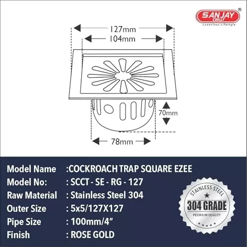 Sanjay Chilly Square Ezee Floor Drainer with Cockroach Trap Rose Gold 127 x 127 mm, SCCT-SE-RG-127