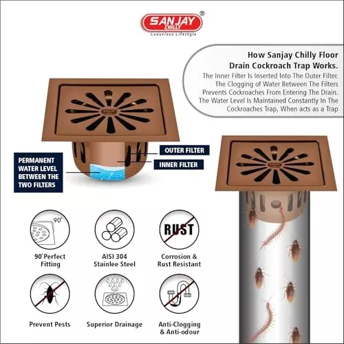 Sanjay Chilly Square Ezee Floor Drainer with Cockroach Trap Rose Gold 127 x 127 mm, SCCT-SE-RG-127