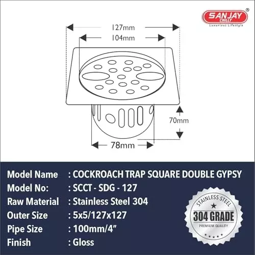 Sanjay Chilly Square Double Gypsy Floor Drainer with Cockroach Trap and Pipe Hole Silver 127 x 127 mm, ‎SCCT-SDG-127