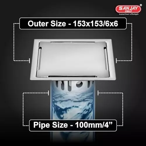 Sanjay Chilly Square Clean Line Golden Floor Drainer with Cockroach Trap Silver 153 x 153 mm, ‎SCCT-SCL-GS-153