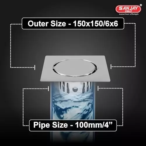 Sanjay Chilly Square Lifestlye Floor Drainer with Cockroach Trap Silver 153 x 153 mm, ‎SCCT-S-LS-150