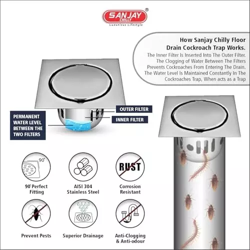 Sanjay Chilly Square Lifestlye Floor Drainer with Cockroach Trap Silver 153 x 153 mm, ‎SCCT-S-LS-150