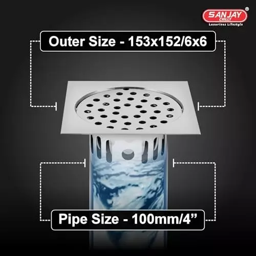 Sanjay Chilly Square Floor Drainer with Cockroach Trap Silver 153 x 153 mm, ‎SCCT-S-153