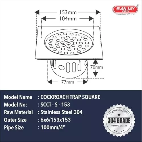Sanjay Chilly Square Floor Drainer with Cockroach Trap Silver 153 x 153 mm, ‎SCCT-S-153