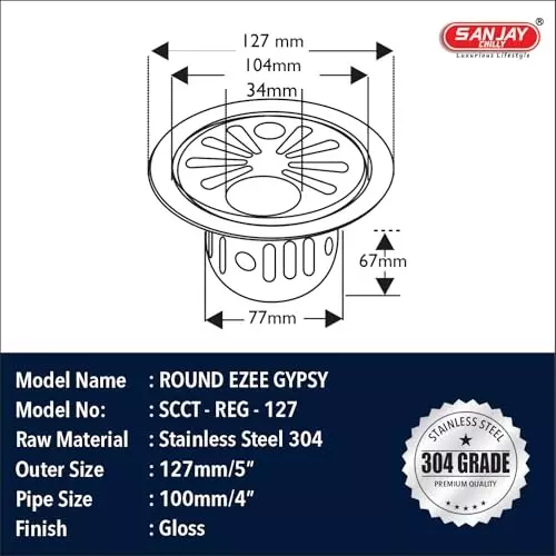 Sanjay Chilly Round Ezee Gypsy Floor Drainer with Cockroach Trap and Pipe Hole Sliver 127 mm, ‎SCCT-REG-127