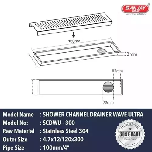 Sanjay Chilly Wave Ultra Shower Drain Channel Silver Side Hole 120 x 300 mm, SCDWU-300-SH