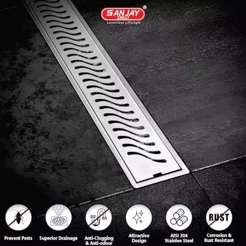 Sanjay Chilly Wave Shower Drain Channel Silver Side Hole 100 x 450 mm, SCDW- 450