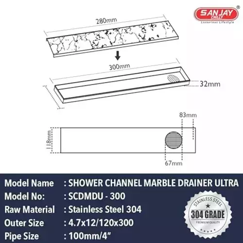 Sanjay Chilly Vertical Shower Drain Channel Silver Center Hole 100 x 300 mm, SCDTD-CH-300