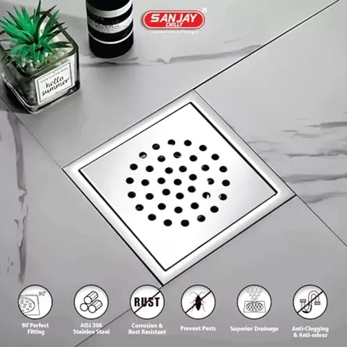 Sanjay Chilly Tof Square Floor Drainer Silver 153 x 153 mm, TOF-S-GS-153