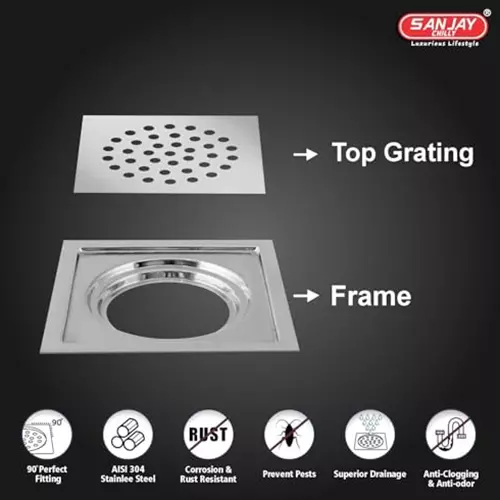 Sanjay Chilly Tof Square Floor Drainer Silver 153 x 153 mm, TOF-S-GS-153