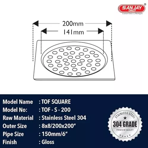 Sanjay Chilly Tof Square Floor Drainer Silver 200 x 200 mm, TOF-S-200