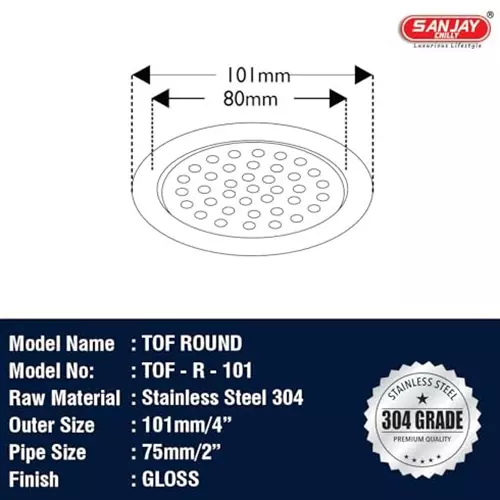 Sanjay Chilly Tof Round Floor Drainer Silver 101 mm, TOF-R-101
