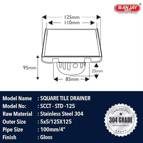 Sanjay Chilly Square Tile Floor Drainer With Cockroach Trap Silver 127 x 127 mm, SMD-125