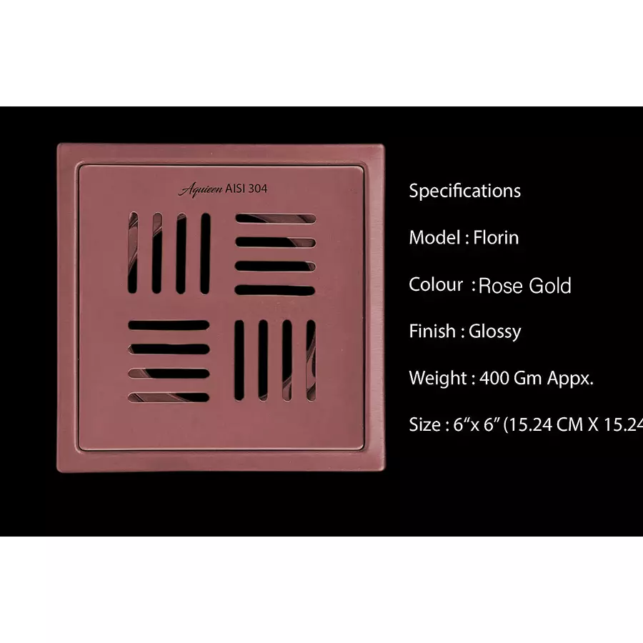Aquieen 6x6 inch Rose Gold Chrome Finish Floor Drain, AQN 480