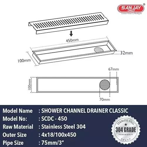 Sanjay Chilly Classic Shower Drain Channel Silver 100x450 mm (‎4 x 18 inch), ‎SCDC-450