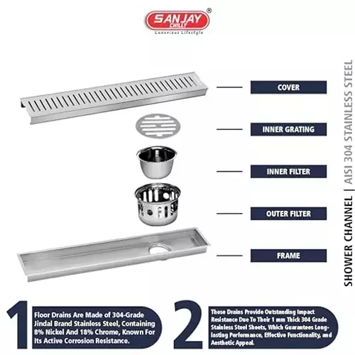 Sanjay Chilly Classic Shower Drain Channel Silver 100x450 mm (‎4 x 18 inch), ‎SCDC-450