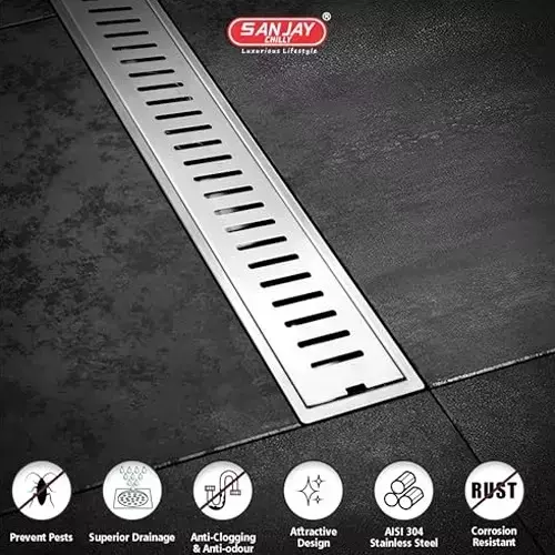 Sanjay Chilly Classic Shower Drain Channel Silver 100x450 mm (‎4 x 18 inch), ‎SCDC-450