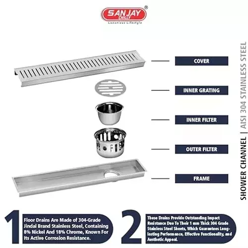 Sanjay Chilly Classic Shower Drain Channel Silver 100x600 mm (‎4 x 24 inch), ‎SCDC- 600