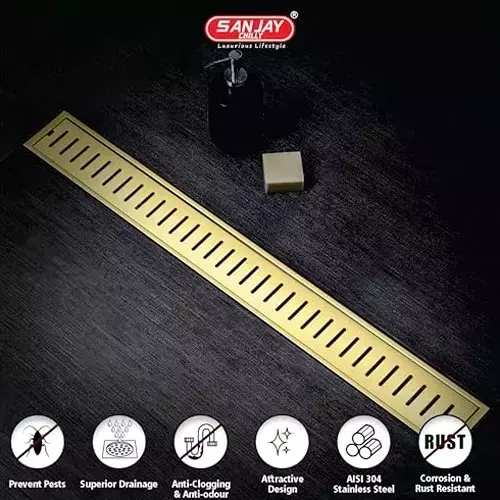 Sanjay Chilly Arena Shower Drain Channel French Gold 100x600 mm (‎4 x 24 inch), ‎SCDAFG-600